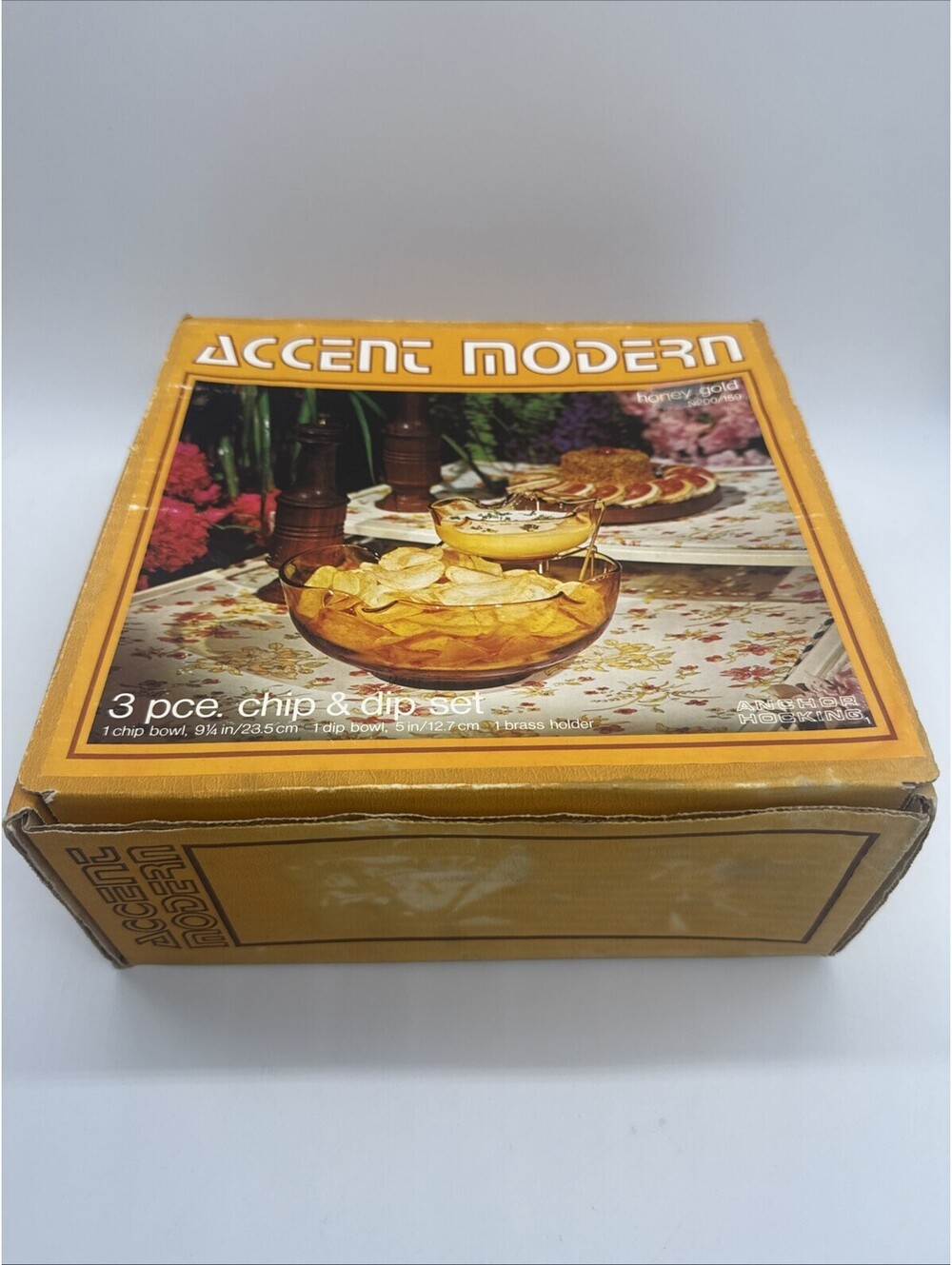 Vintage Anchor Hocking Accent Modern Honey Gold Chip Dip Set 3 Pc NIB N200/159